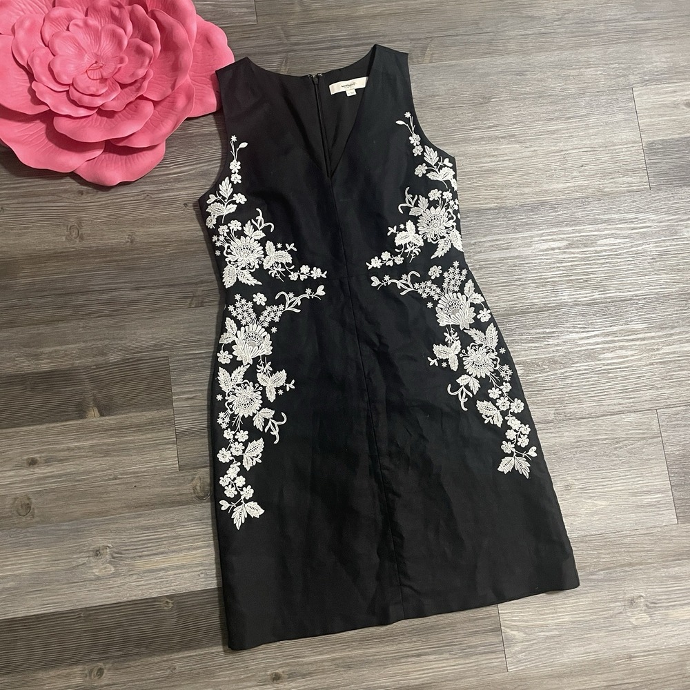 LOFT Womens Sz 4 Black/White‎ Linen/Cotton Floral Embroidered Dress Old Money